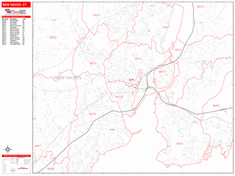 New Haven Wall Map Zip Code Red Line Style 2024